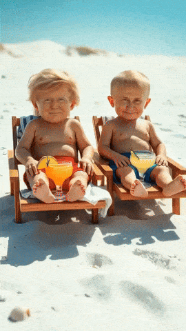 Trump Putin and Macron on beach as children