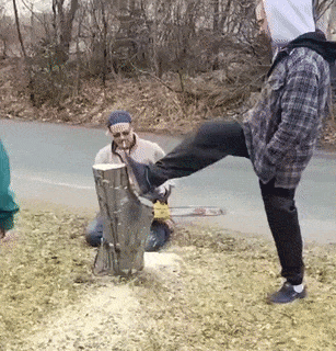 Chainsaw and guy fall