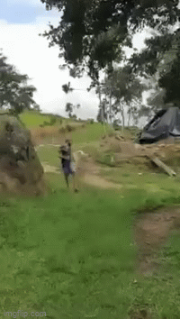 Guy jumps over sheep