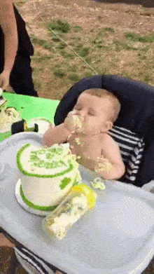 Sleepy child eating cake