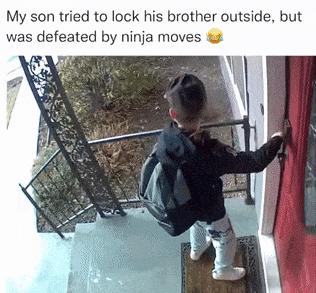 Fast boy opens door with jacket