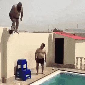 Big man and jump in pool